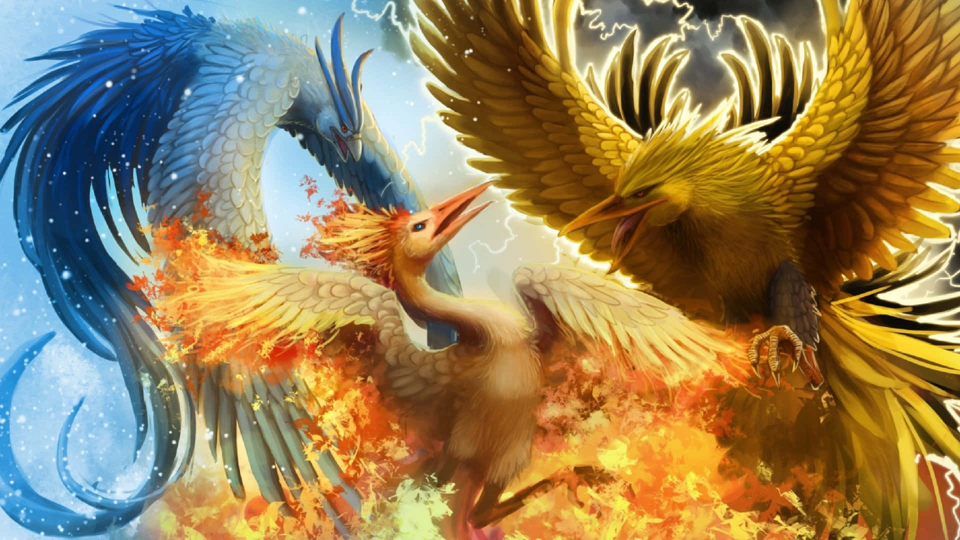 Zapdos, Moltres, And Articuno Fighting