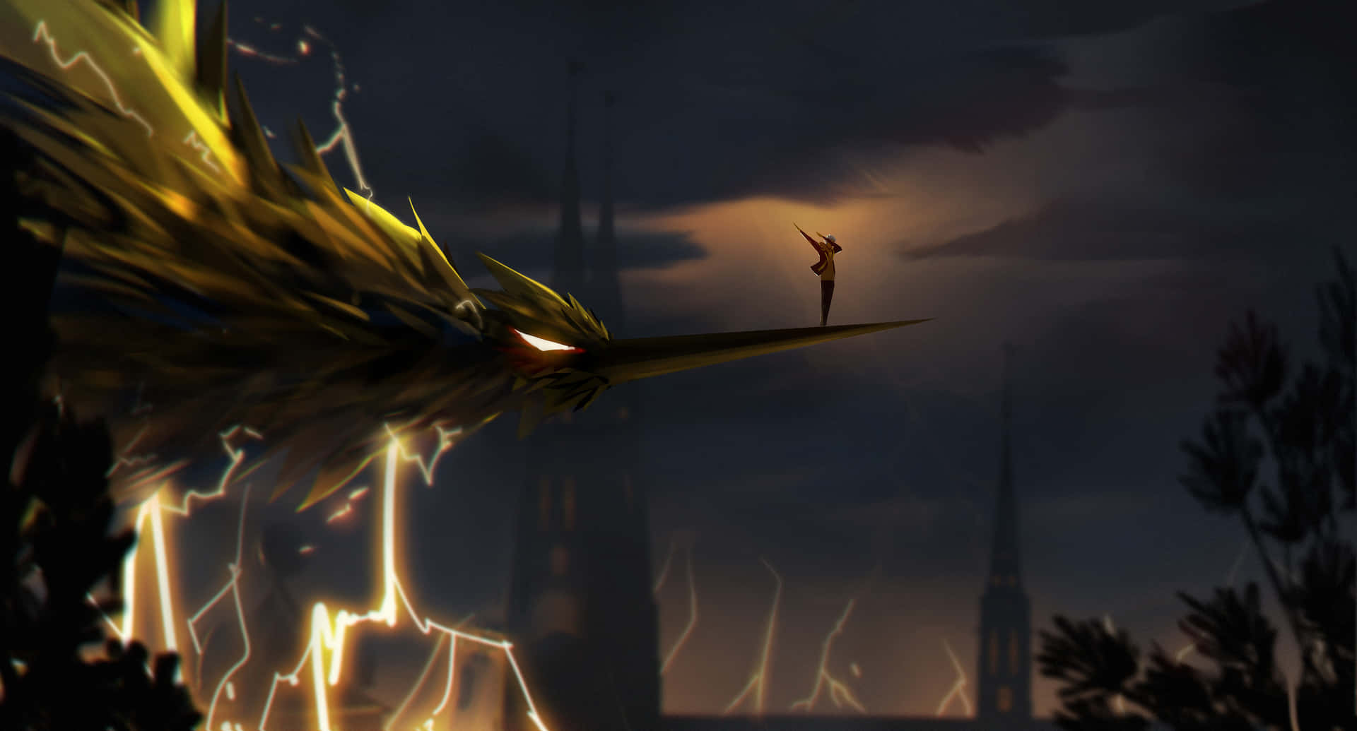 Zapdos With Trainer On Beak Background