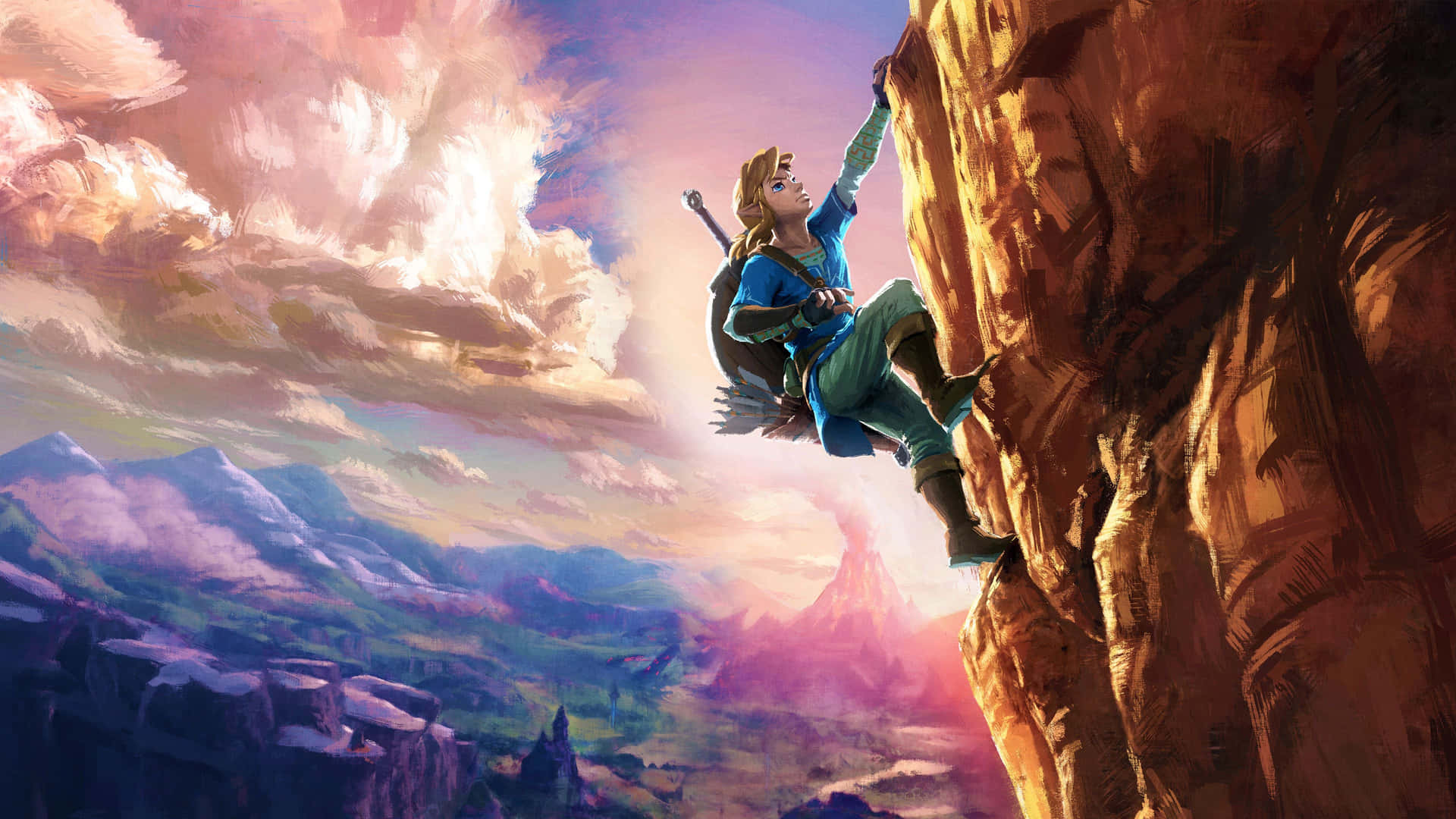 Zelda Botw Link Climbing A Mountain Background
