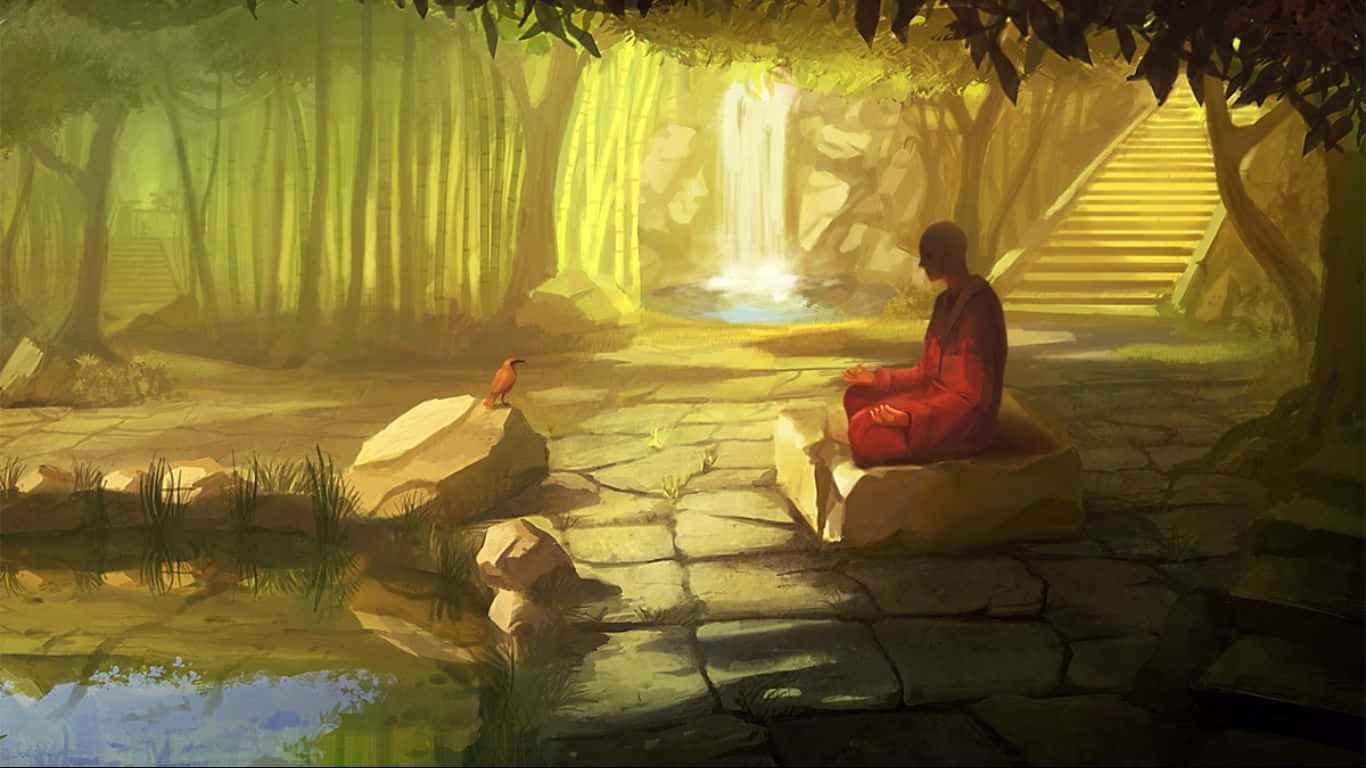 Zen Desktop Painting Monk Meditating With A Bird