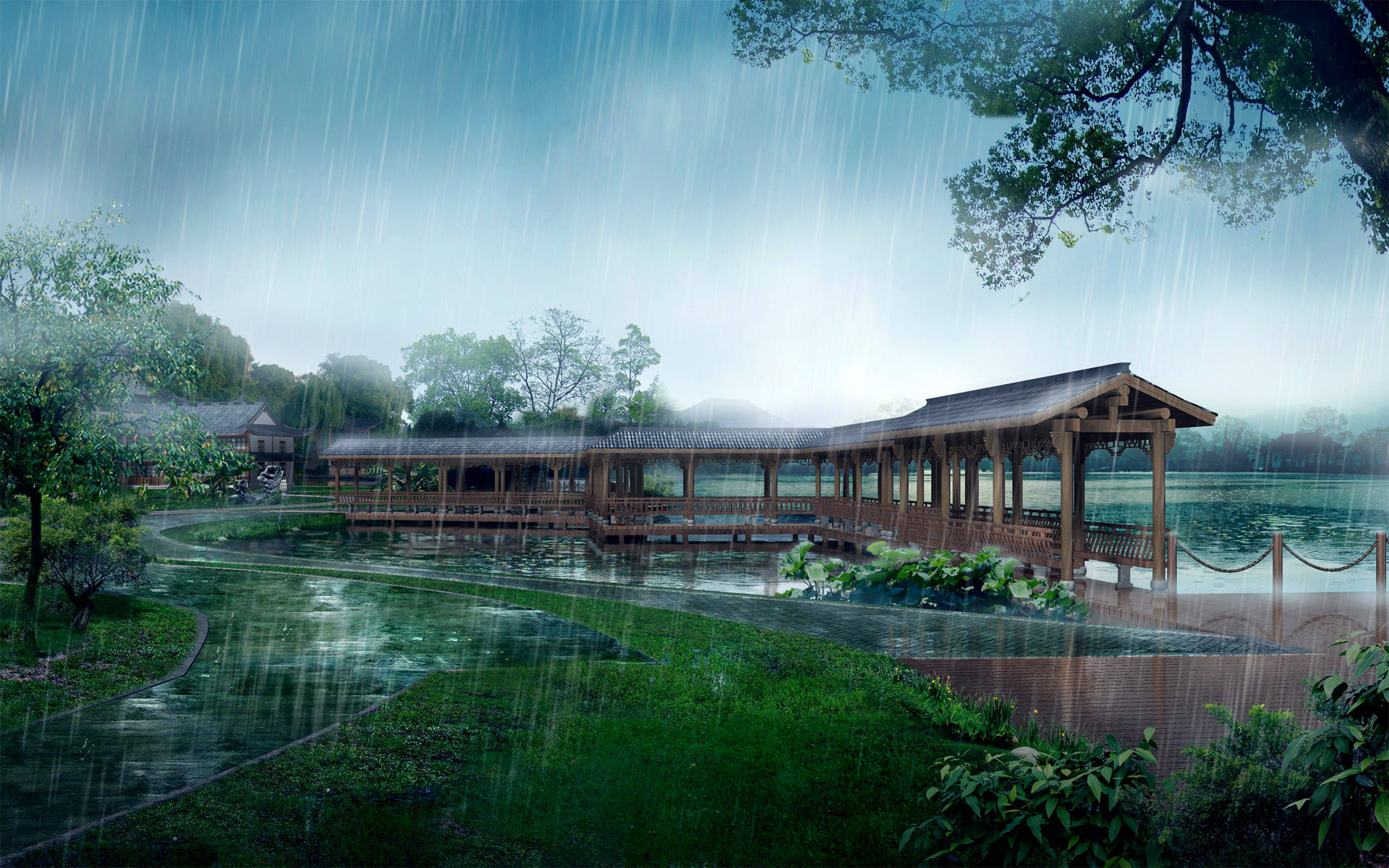 Zen Garden Lake With Rain Background