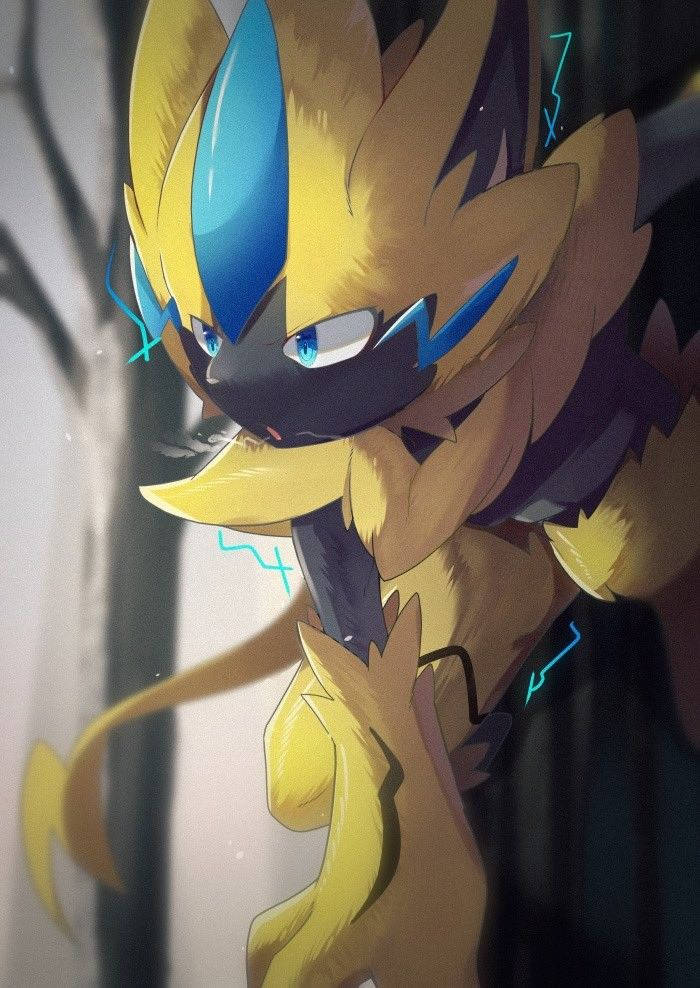 Zeraora Hiding By Tree Background