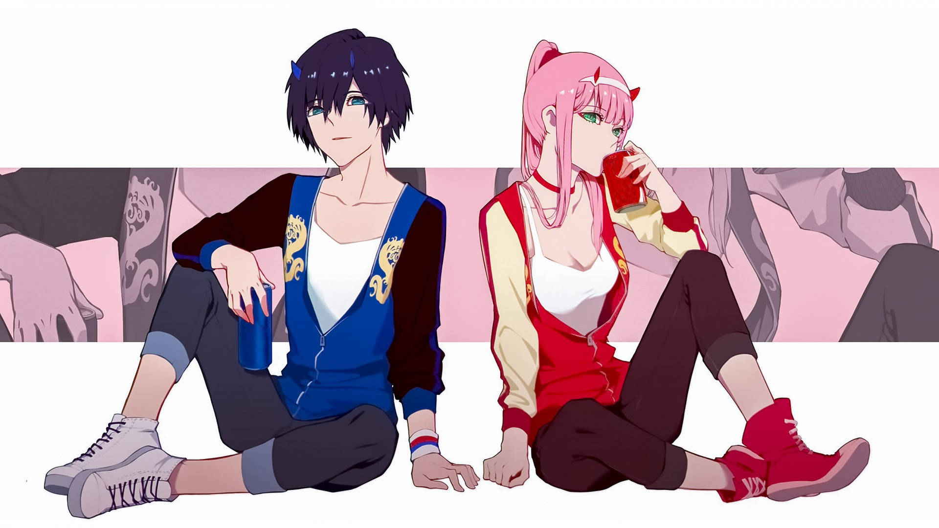 Zero Two And Hiro Sitting Together Background