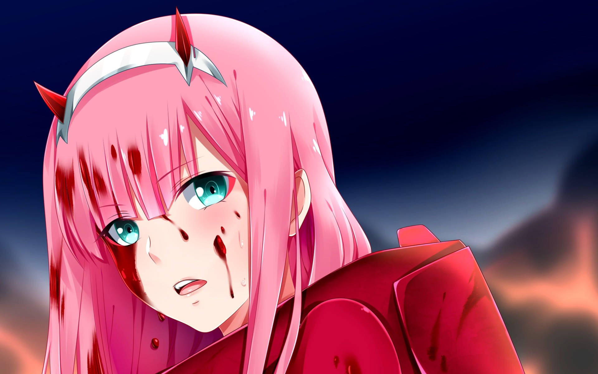 Zero Two With A Heart Of Blood Background
