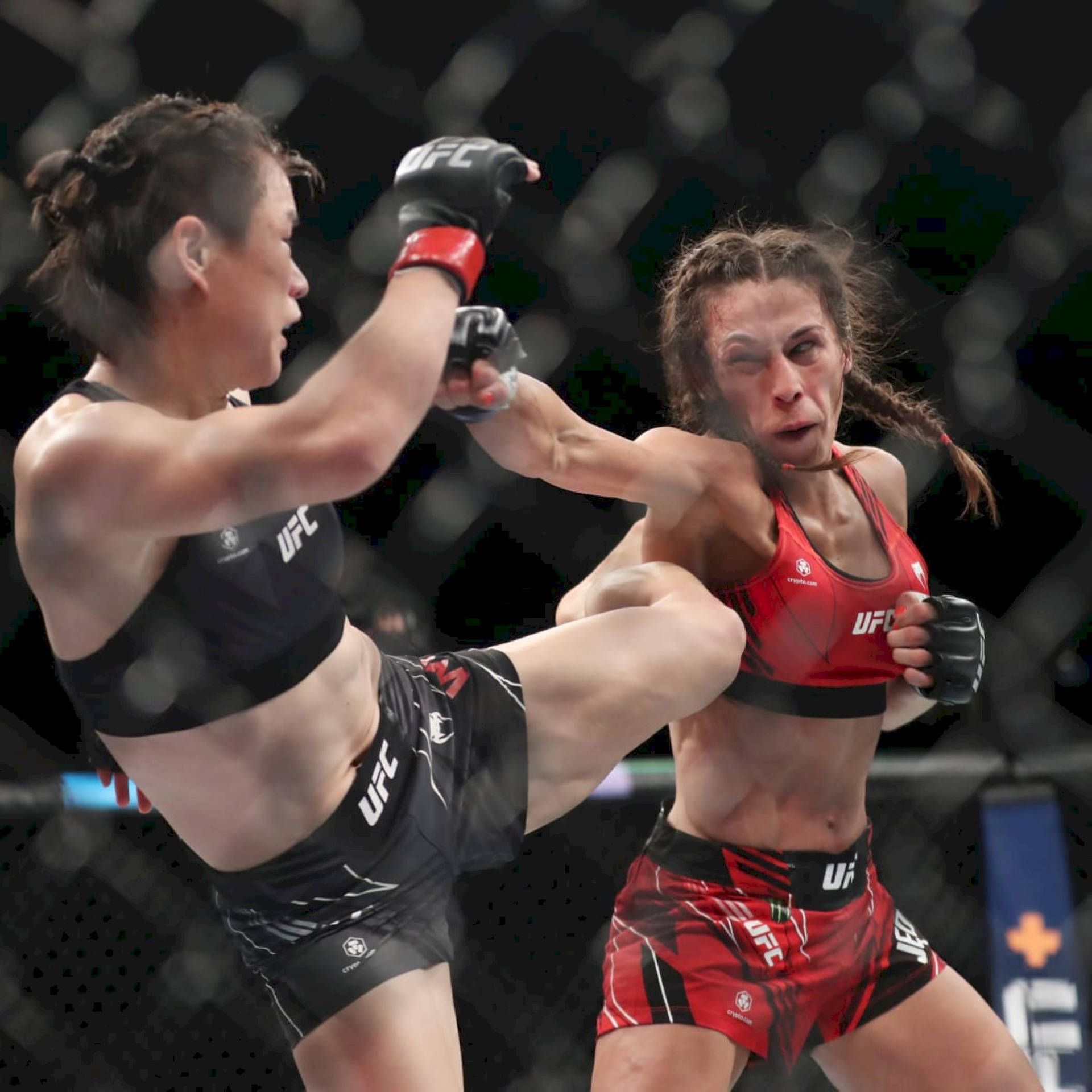 Zhang Weili Kicking Joanna Jędrzejczyk Background