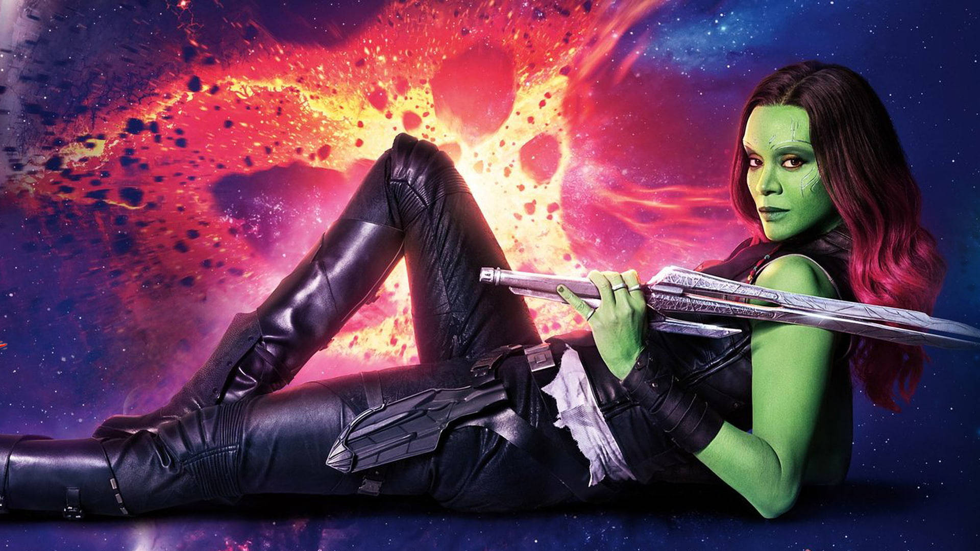 Zoe Saldana As Gamora With Sword Background