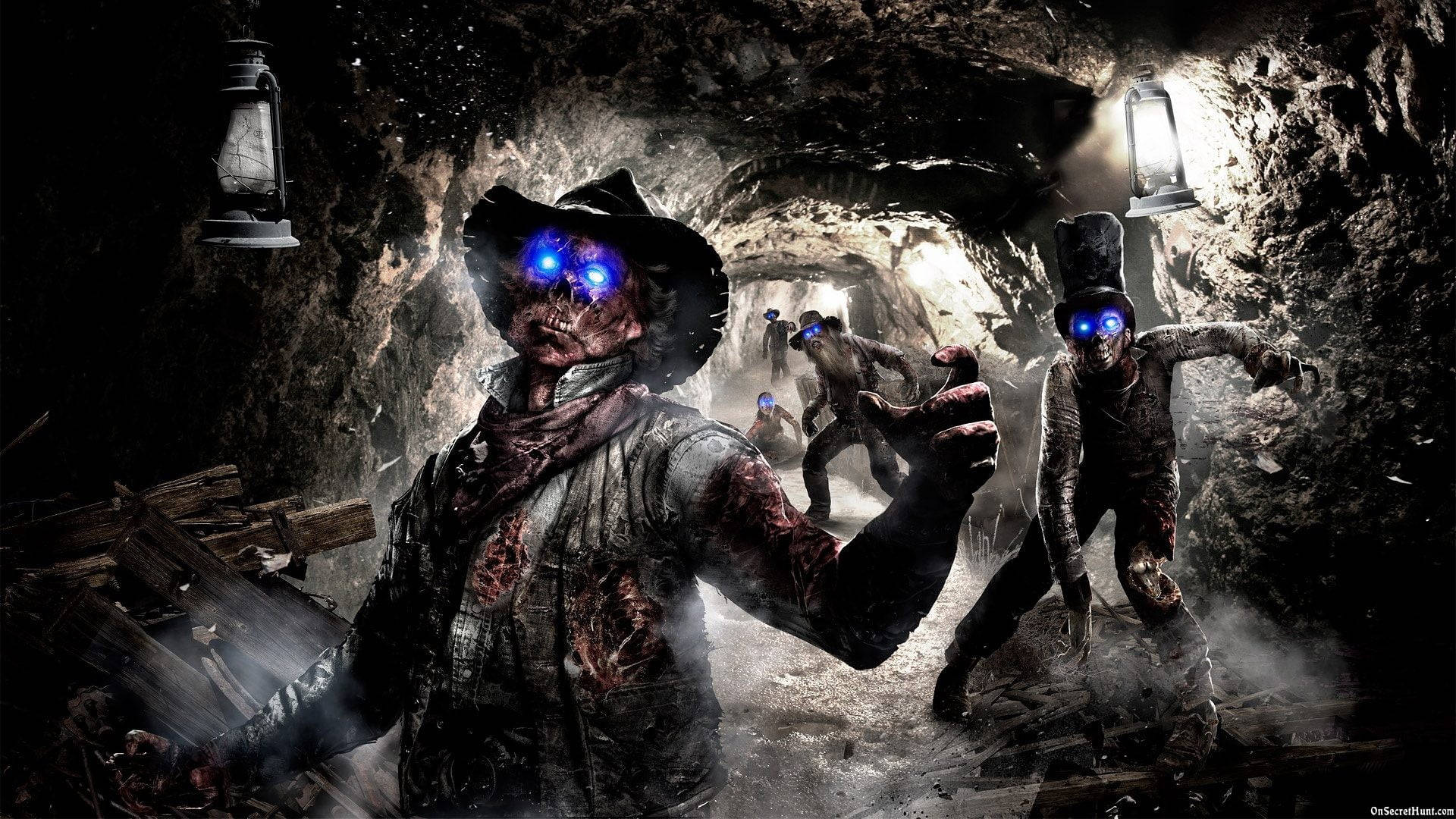 Zombies In A Cave With Blue Lights Background