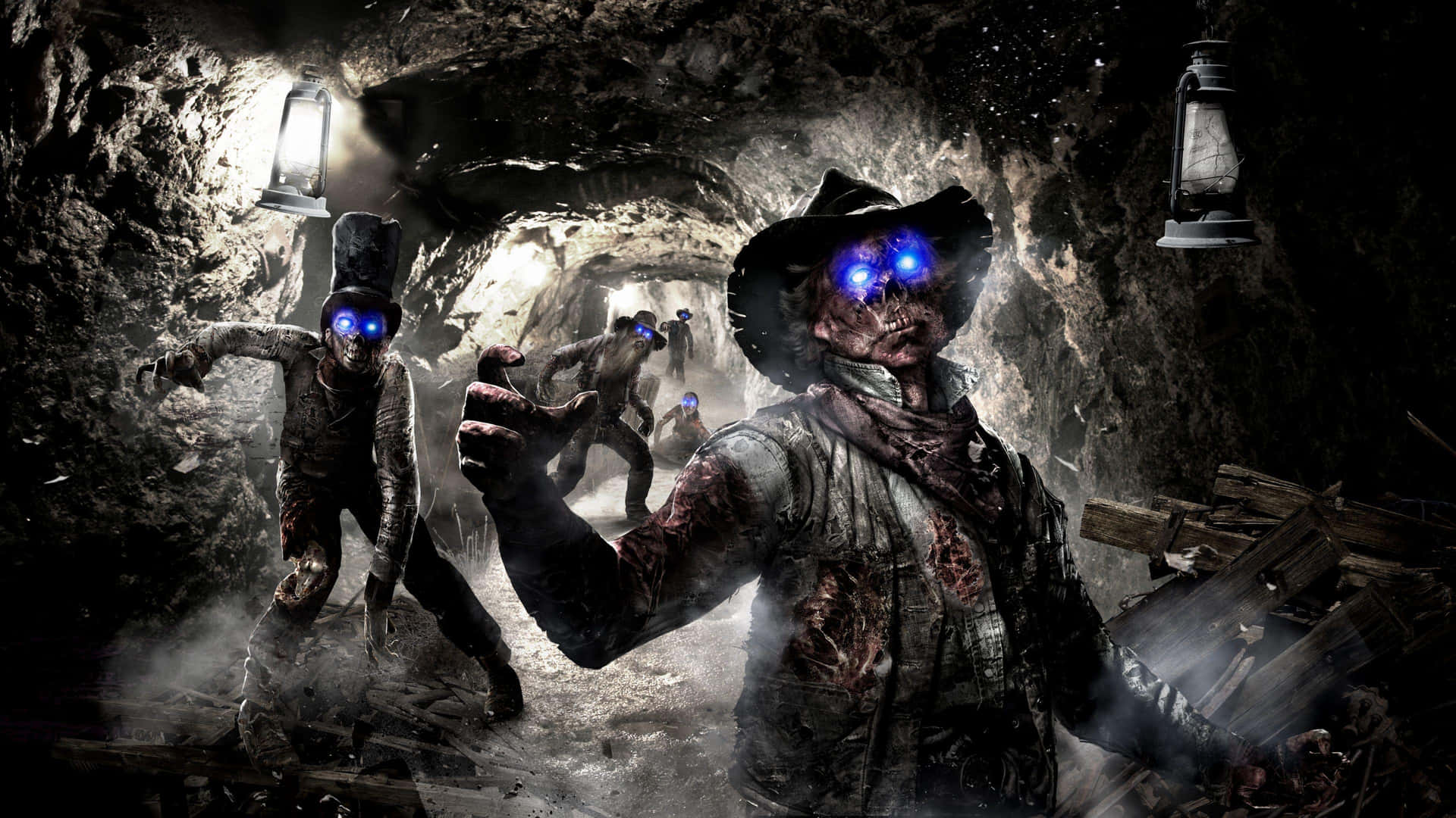 Zombies In A Cave With Flashlights Background