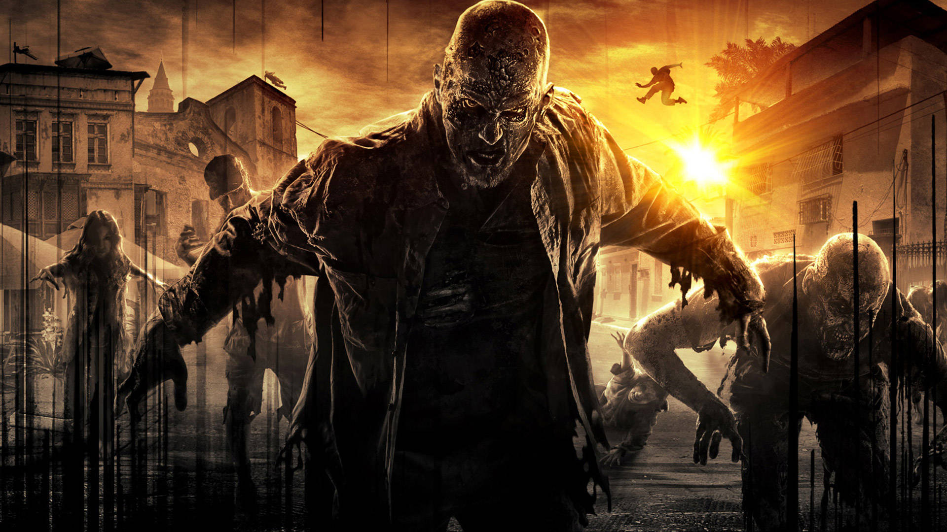 Zombies Walking In The Street With A Sun Setting Behind Them Background