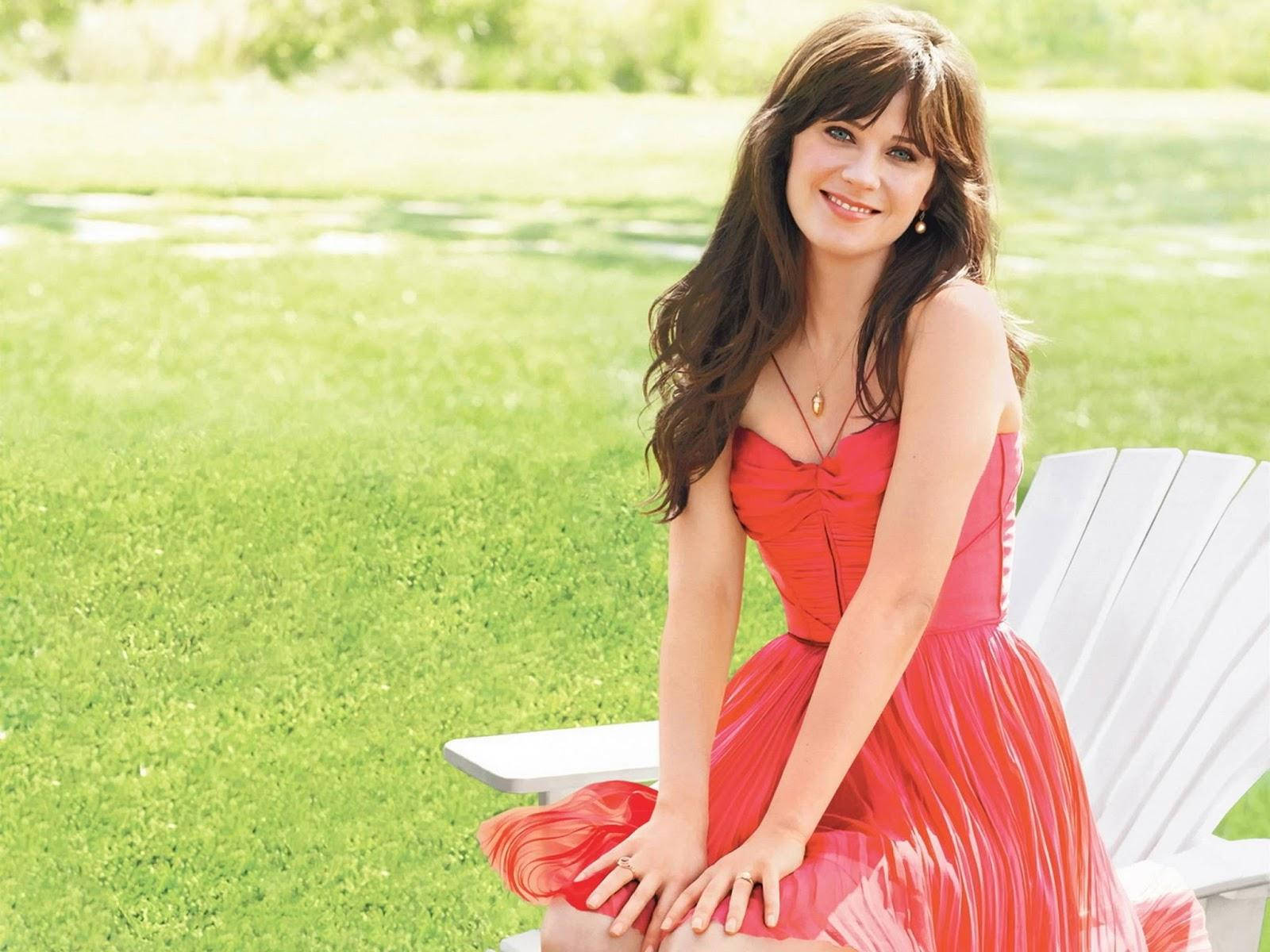 Zooey Deschanel Red Aesthetic Dress On Grass Background