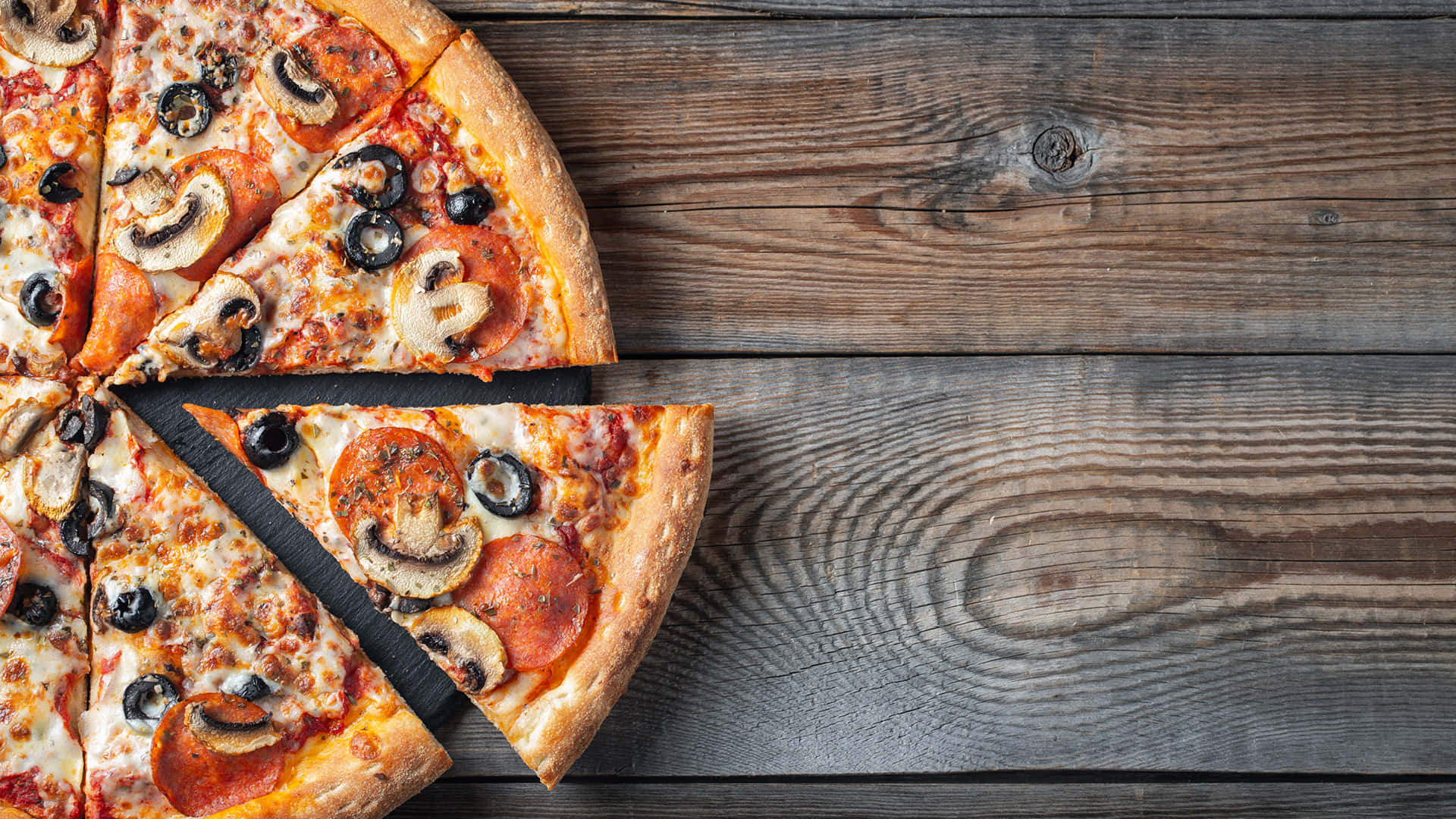 Zoom Party Pizza Slice On Wood Background