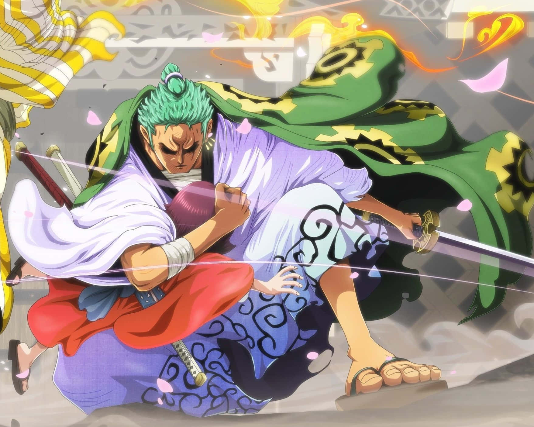 Zoro Wano Protecting A Kid Background