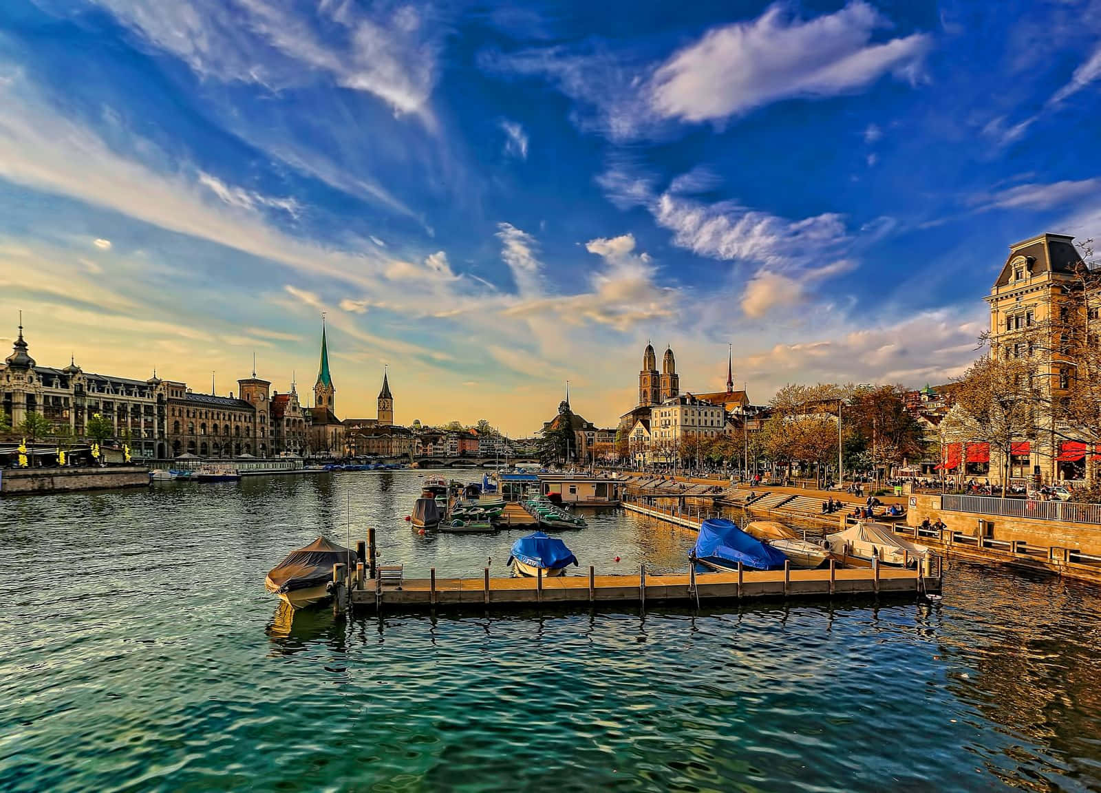 Zurich Riverfront Scenic View Background